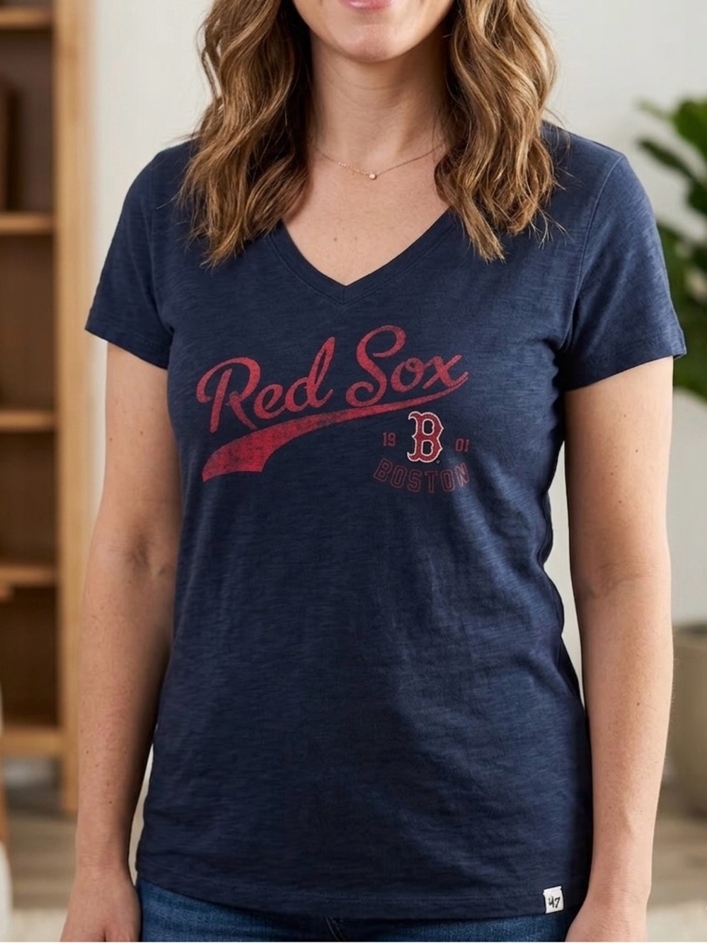 47 Navy V-Neck Red Sox Tee with Red Script
